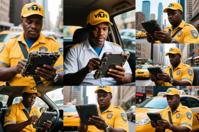 A collage of taxi drivers from different cities using rugged tablets