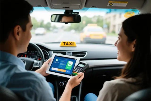A taxi driver using a tablet to process a contactless payment while a passenger looks on