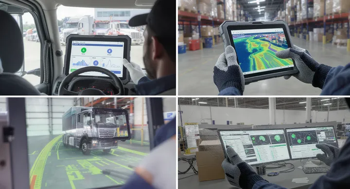 Driver using rugged tablet for DVIR inspection in a warehouse yard, over‑the‑shoulder view