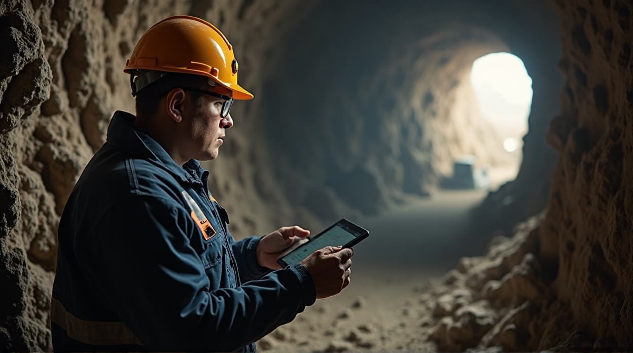 Rugged MINING tablet in a dusty mine shaft