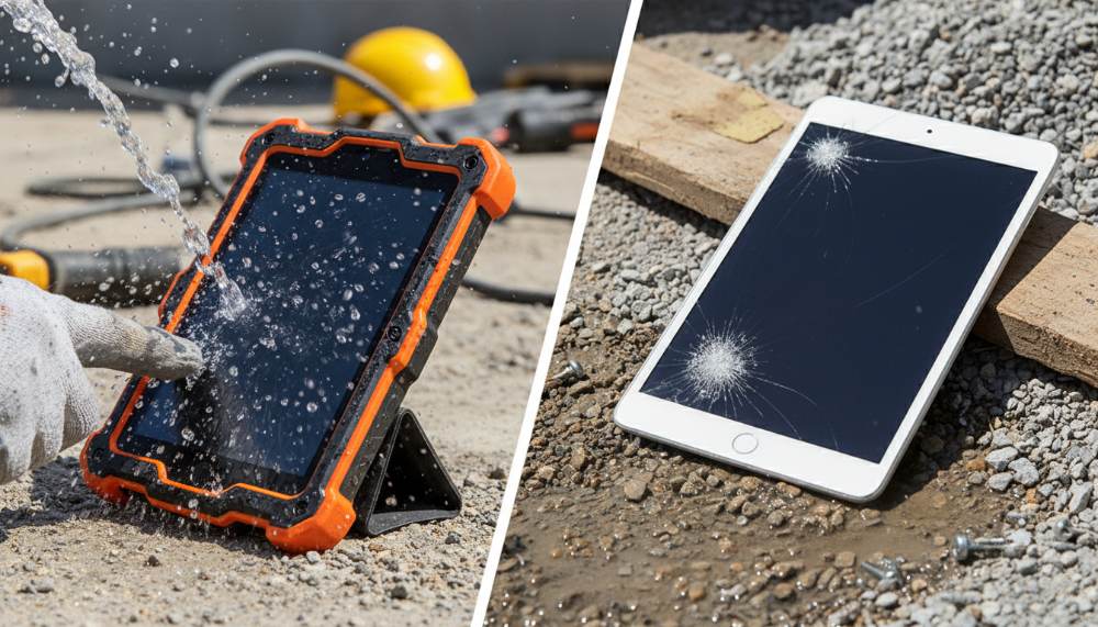 Сравнение rugged tablet с обычным планшетом, демонстрирующее различия в защите и надежности
