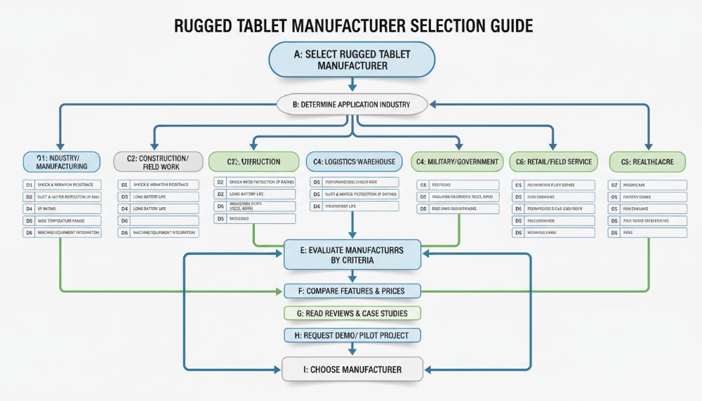 Схема выбора rugged tablet manufacturer, демонстрирующая ключевые критерии для разных отраслей