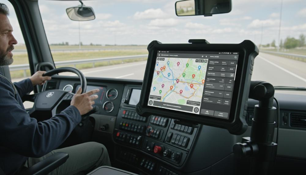 Rugged tablet в кабине грузовика, демонстрирующий систему управления автопарком