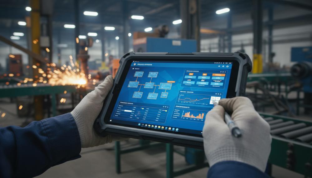 Rugged tablet с Windows 11 в действии в промышленной среде, демонстрирующий специализированное ПО