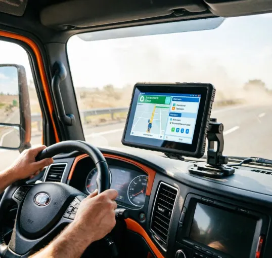 7-inch rugged vehicle tablet mounted on a heavy-duty truck dashboard