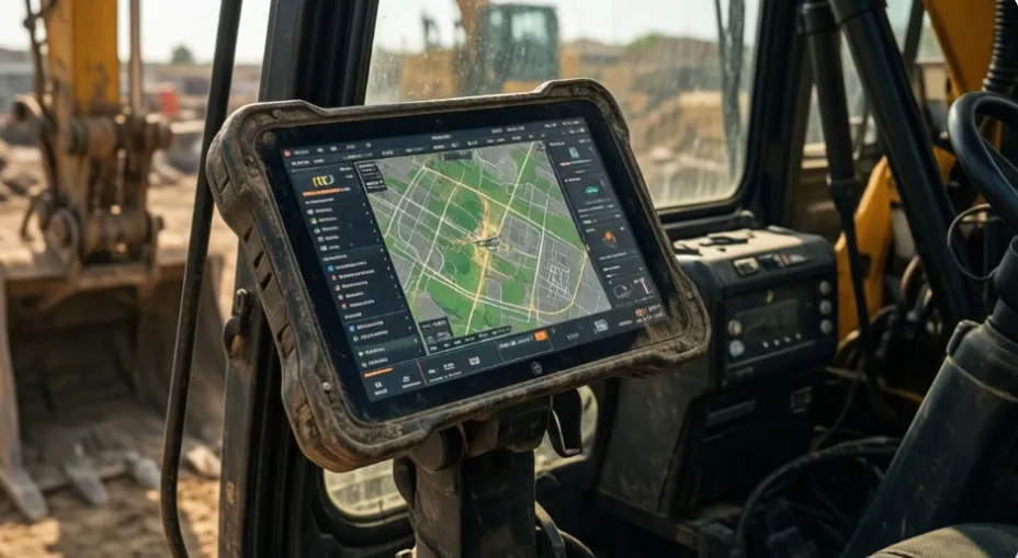 7-inch vehicle tablet mounted inside an excavator cab