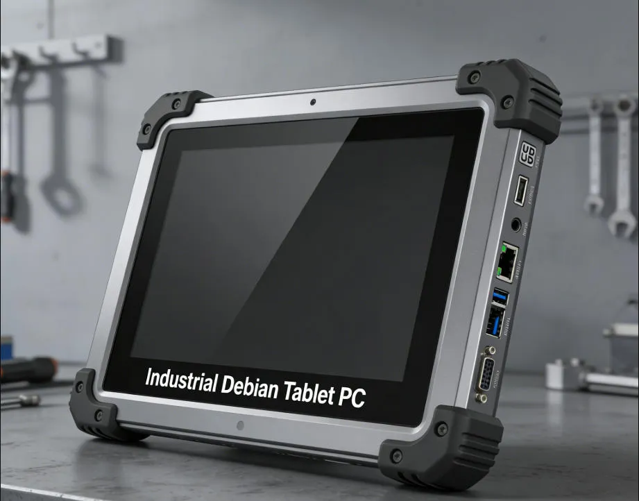 Engineer using Debian tablet in factory