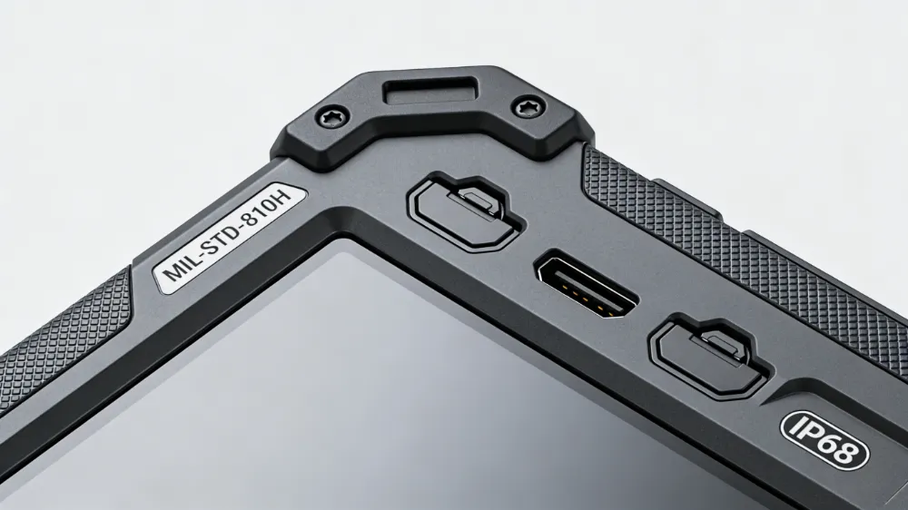 Close-up detail shot of rugged tablet corner showing MIL-STD-810H and IP68 certification labels