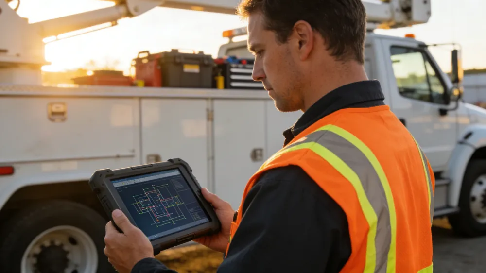 Field technician in high-visibility vest holding 8-inch rugged tablet with both hands