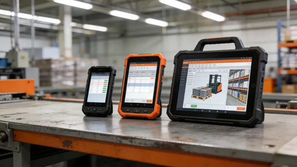 Professional product photography of three mobile data terminals side by side on industrial workbench