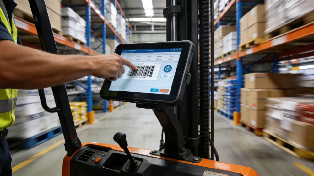 Warehouse worker scanning barcode with 10-inch mobile data terminal mounted on forklift