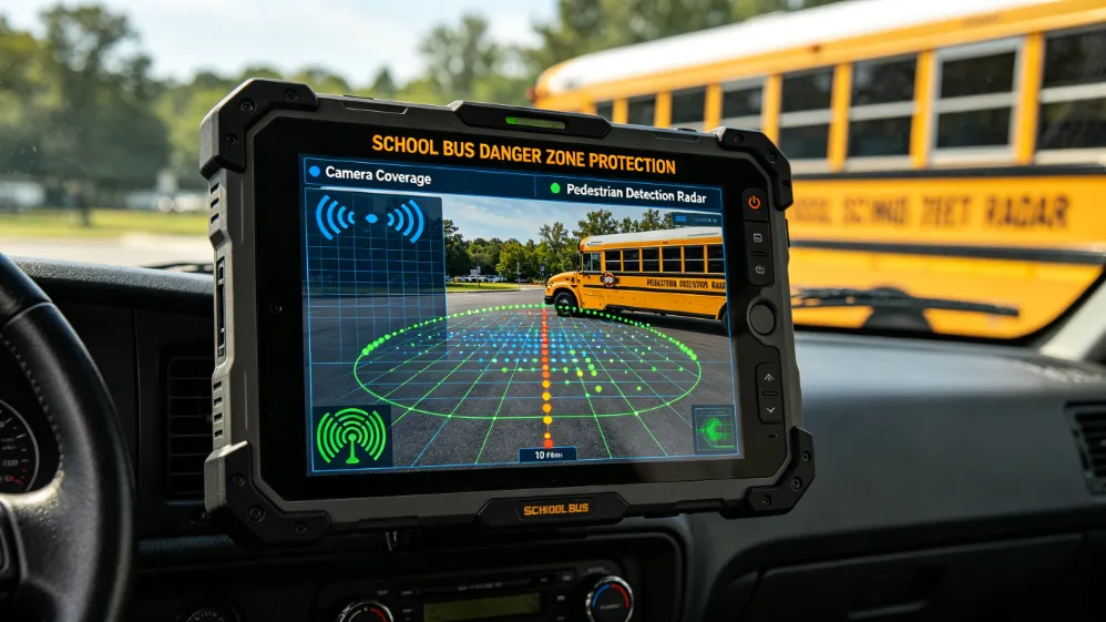 Diagram showing high-risk areas around bus with camera and sensor coverage