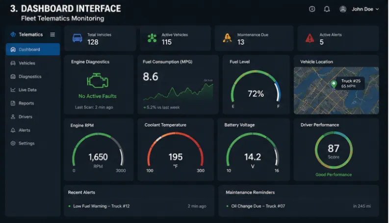 CAN Bus rugged tablet interface displaying fleet telematics metrics including engine diagnostics, fuel consumption, and driver performance