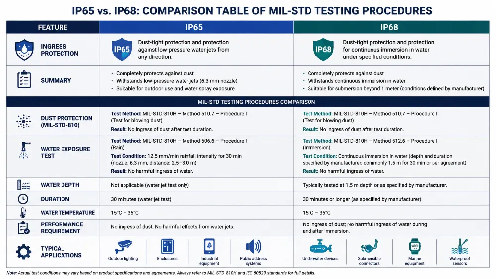 IP65 vs IP68 Comparison Table of MIL-STD Testing Procedures