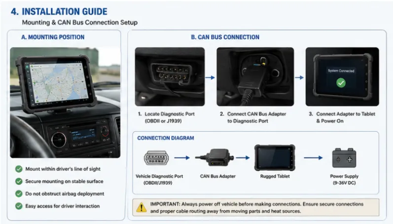CAN Bus rugged tablet installation guide showing proper mounting position and vehicle diagnostic connection setup
