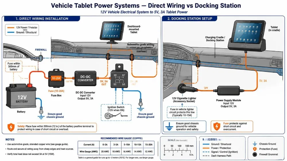 Vehicle Tablet Charging Direct Wiring vs Docking Station