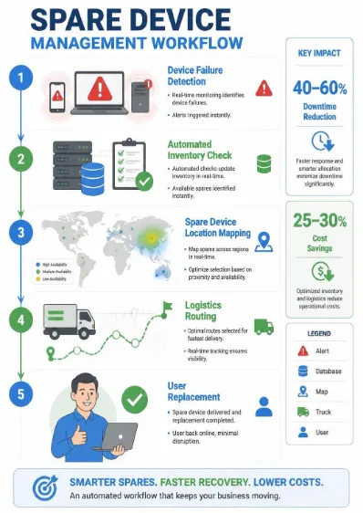 professional infographic showing the spare device management workflow