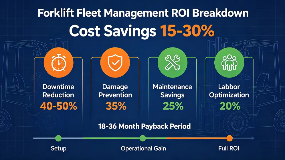 Infographic showing forklift fleet management ROI: 15-30% cost reduction 
through downtime reduction, damage prevention, maintenance savings, and 
labor optimization