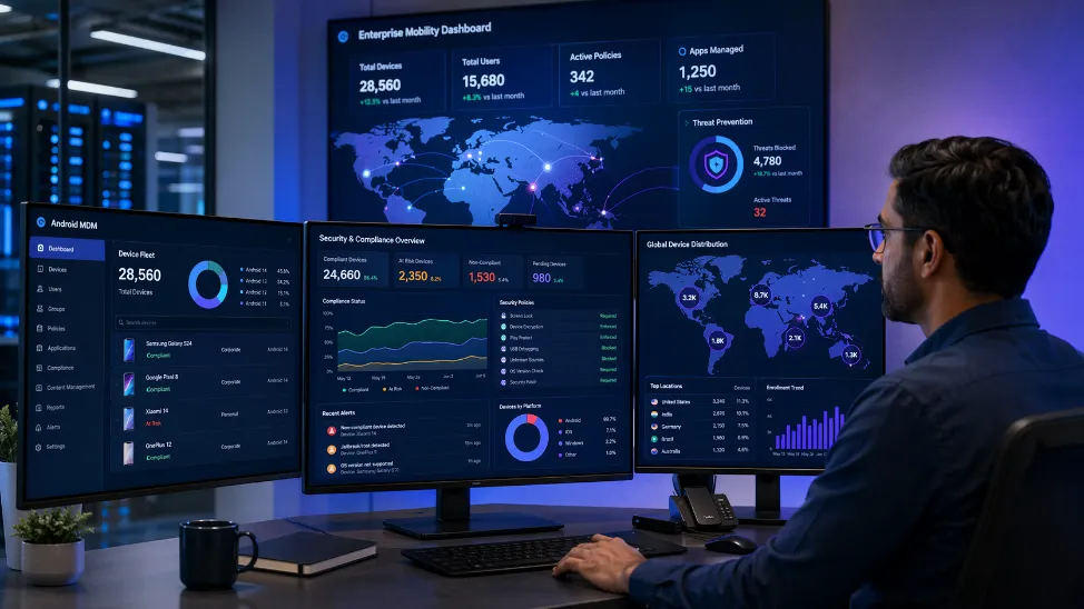 Professional Android MDM enterprise management dashboard showing device fleet monitoring, security policies, and compliance metrics