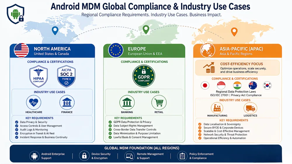 Global Android MDM regional compliance map showing HIPAA/GDPR/PCI-DSS requirements and industry-specific use cases across North America, Europe, and Asia-Pacific regions