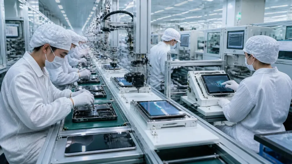 Professional rugged tablet manufacturing facility showing assembly line production, quality control testing, and ISO 9001 certified operations