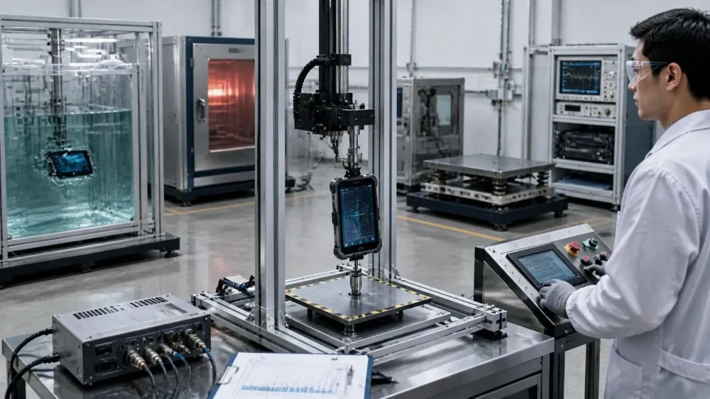 MIL-STD-810H drop testing facility showing rugged tablet durability testing, water immersion testing, and thermal cycling equipment