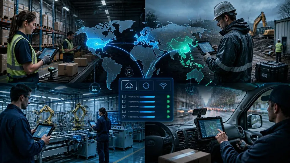 Global enterprise rugged tablet deployment across logistics, manufacturing, field service, and retail industries with real-time data synchronization